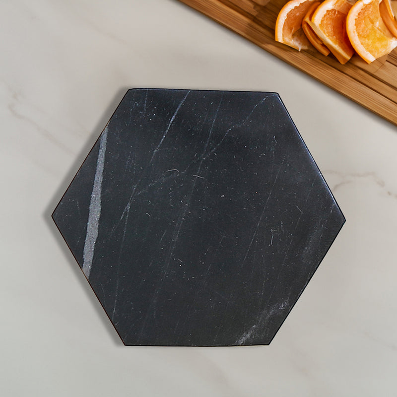 4Pc Marble Hexagon Coaster  4X4" Black