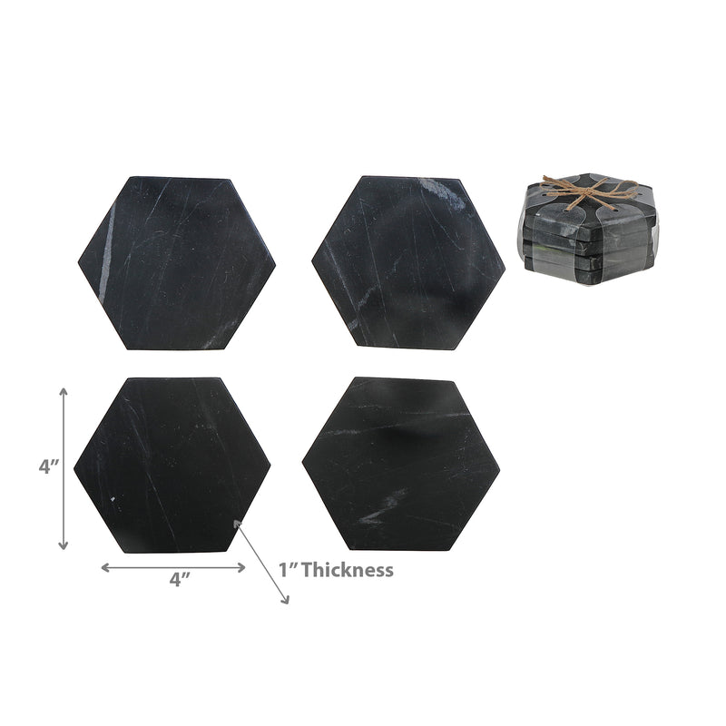 4Pc Marble Hexagon Coaster  4X4" Black