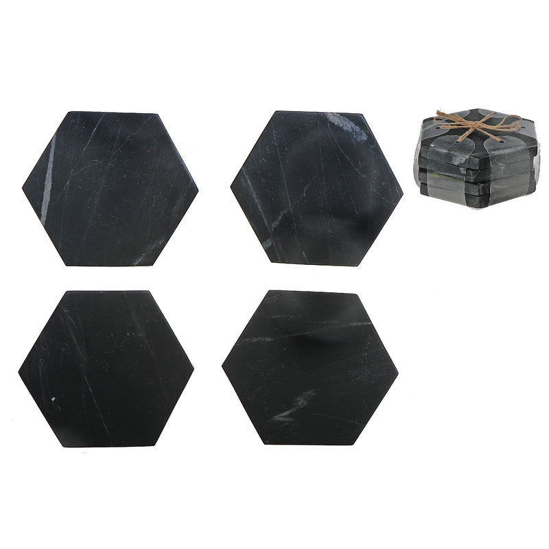 4Pc Marble Hexagon Coaster  4X4" Black