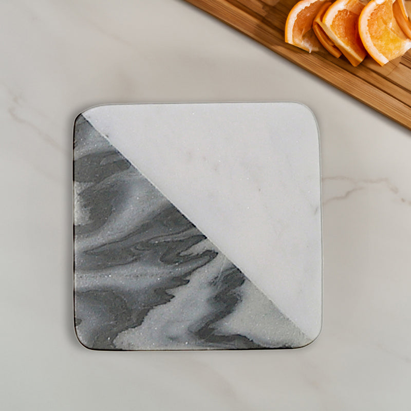 2 Tone DIAgonal 4Pc Marble Square Coaster 4X4" Black & White