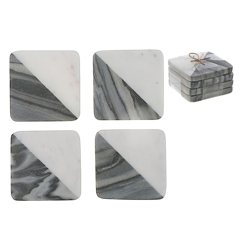 2 Tone DIAgonal 4Pc Marble Square Coaster 4X4" Black & White