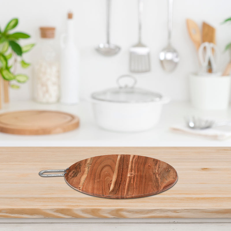 Custom Natural Acacia Wood Round Cutting Board With Nickel Handle