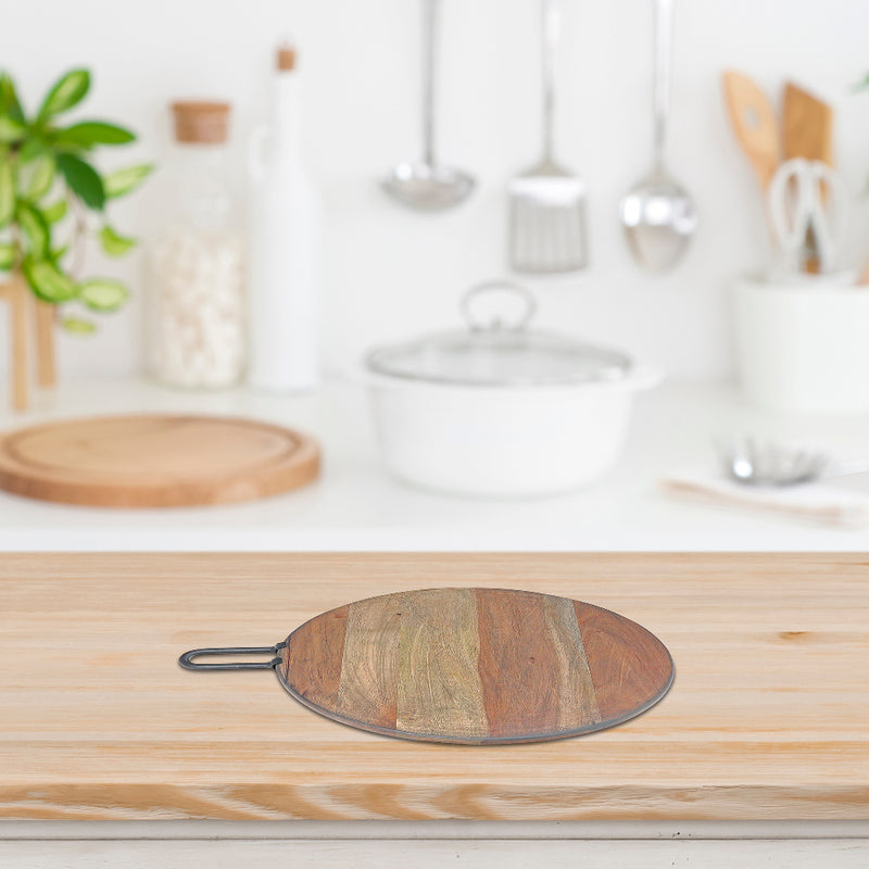 Custom Gray Acacia Wood Round Cutting Board With Gunmetal Handle