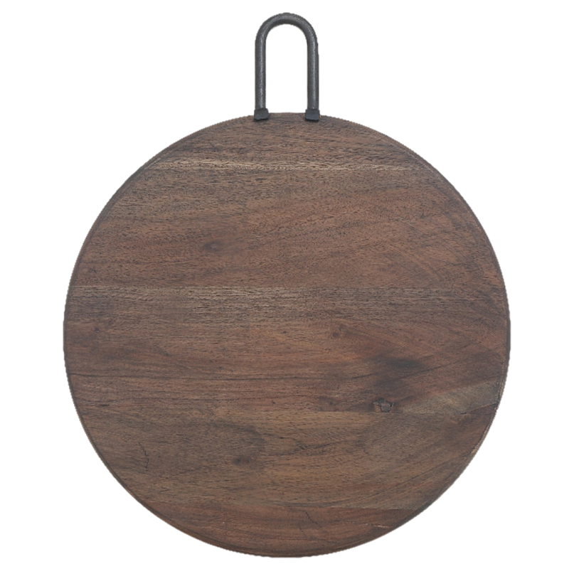 Custom Gray Acacia Wood Round Cutting Board With Gunmetal Handle