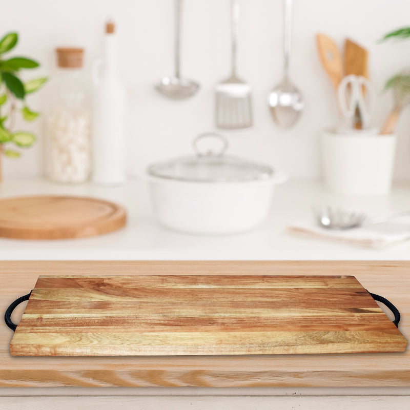 Custom Natural Acacia Wood Rectangle Serving Board With Black Handles