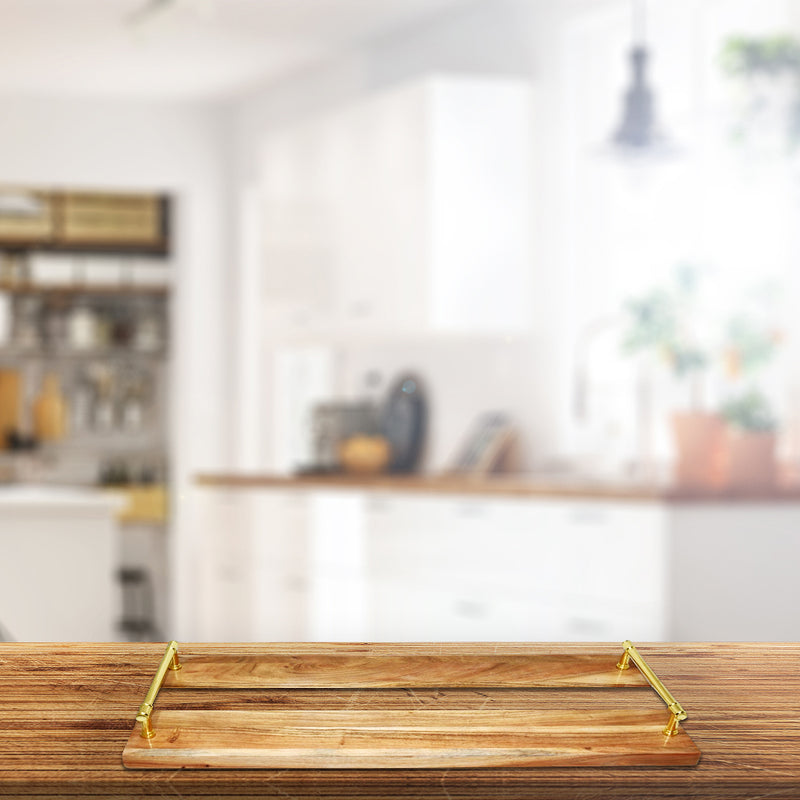 Custom Acacia Wood & Marble Rectangle Serving Tray Gold Handles