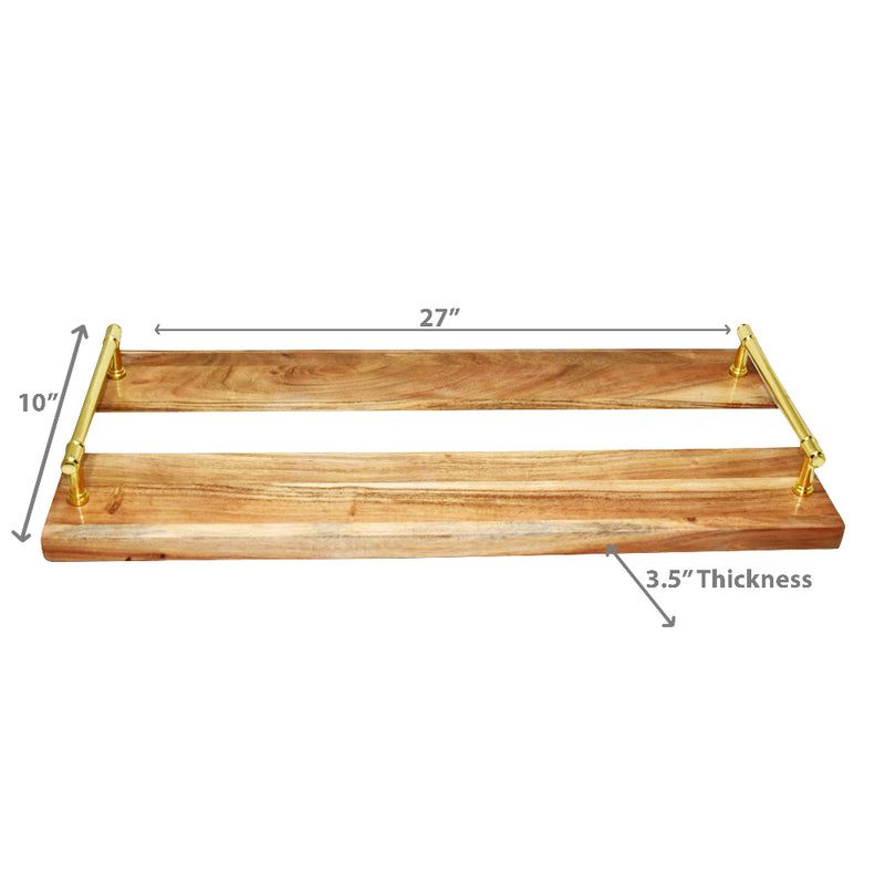 Custom Acacia Wood & Marble Rectangle Serving Tray Gold Handles