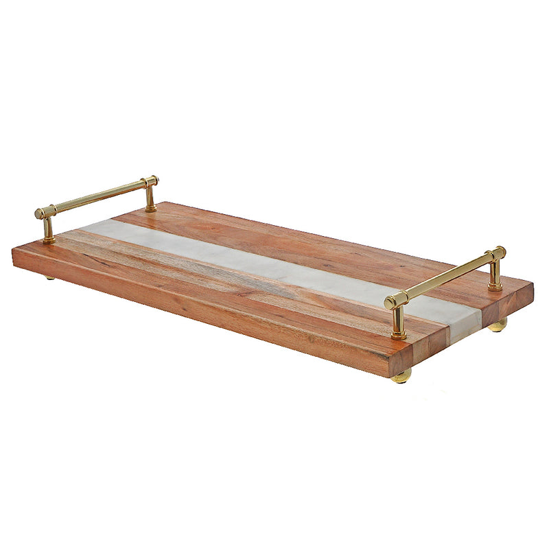 Custom Acacia Wood & Marble Rectangle Serving Tray Gold Handles