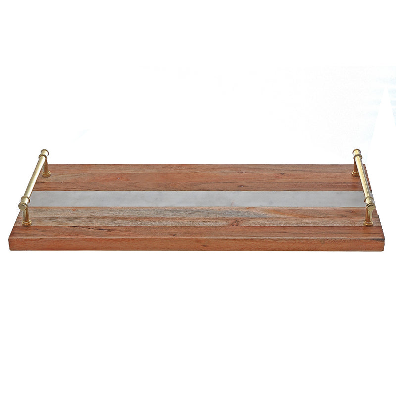 Custom Acacia Wood & Marble Rectangle Serving Tray Gold Handles