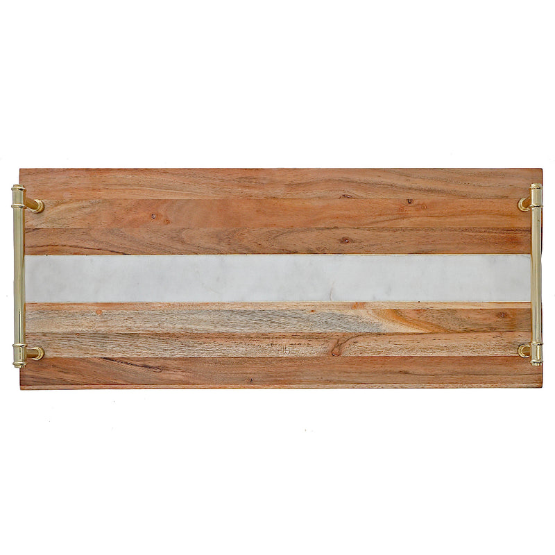 Custom Acacia Wood & Marble Rectangle Serving Tray Gold Handles