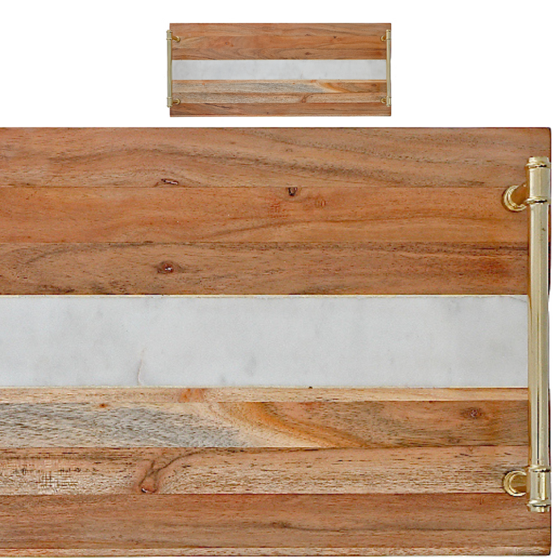 Custom Acacia Wood & Marble Rectangle Serving Tray Gold Handles