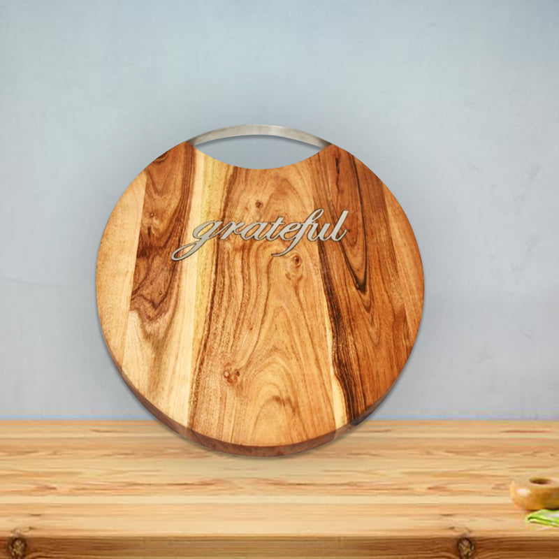 Custom Acacia Wood Round Cutting Board With Grateful Inlay