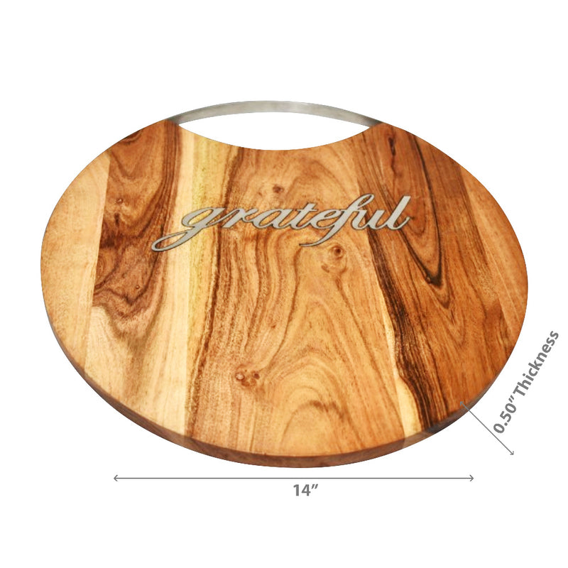 Custom Acacia Wood Round Cutting Board With Grateful Inlay