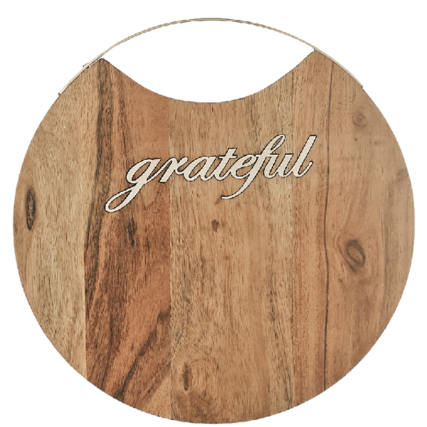 Custom Acacia Wood Round Cutting Board With Grateful Inlay