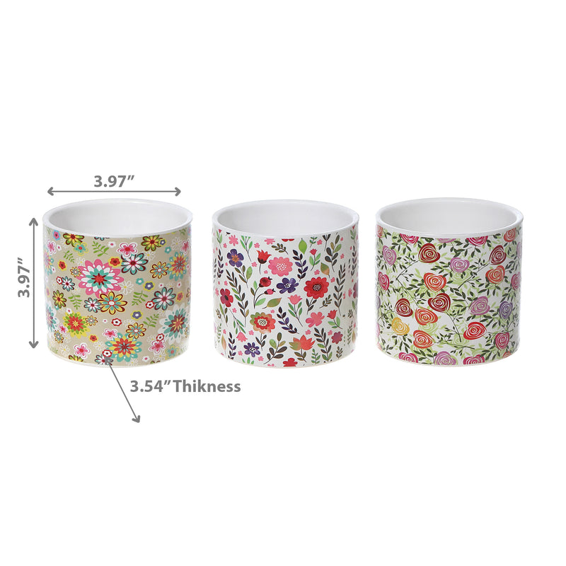 Ceramic Round Planters Spring Floral - Set of 3