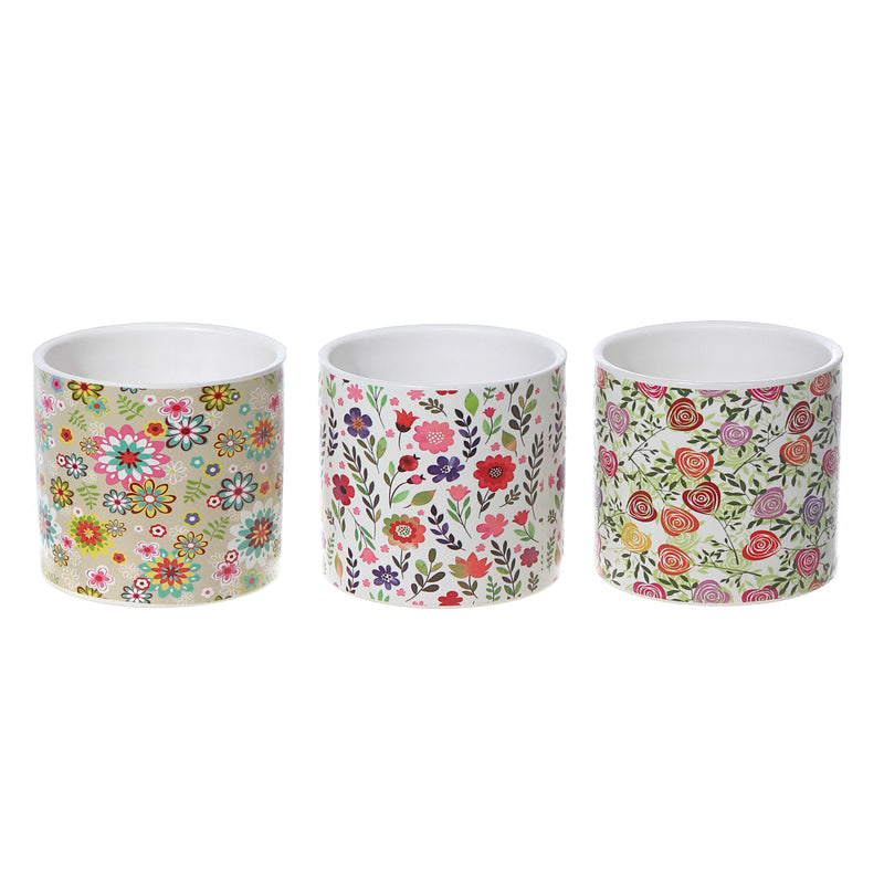 Ceramic Round Planters Spring Floral - Set of 3