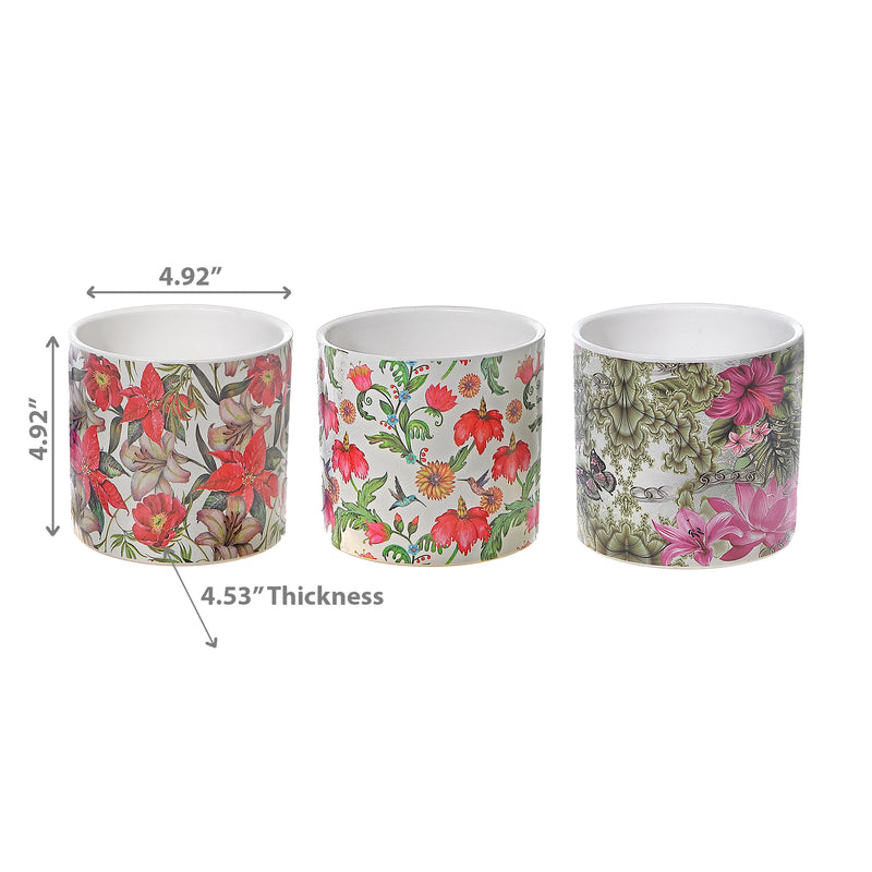 Ceramic Round Planters Tropical Floral - Set of 3