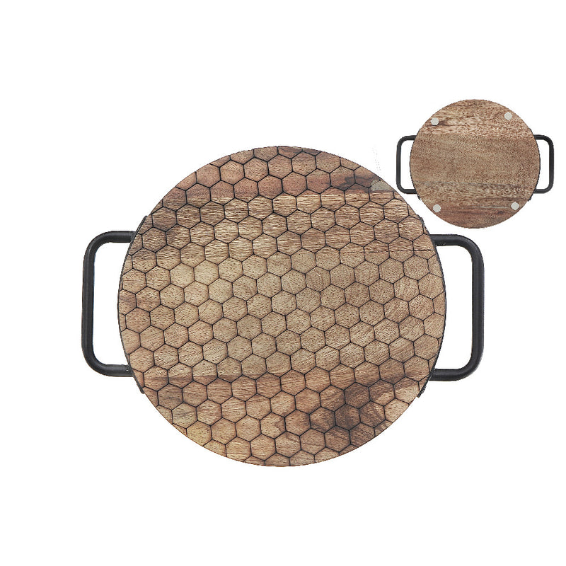 Custom Mango Wood Honeycomb Round Tray With Handles