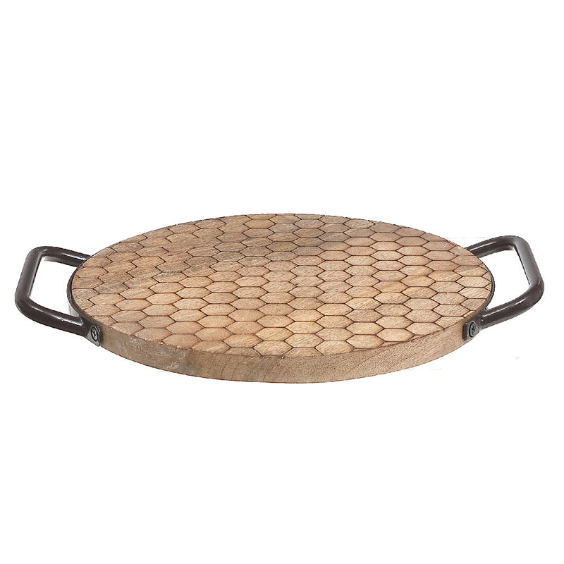 Custom Mango Wood Honeycomb Round Tray With Handles