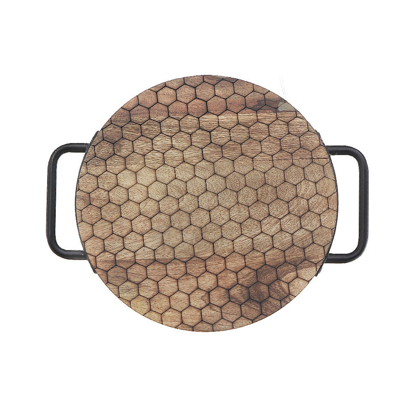 Custom Mango Wood Honeycomb Round Tray With Handles