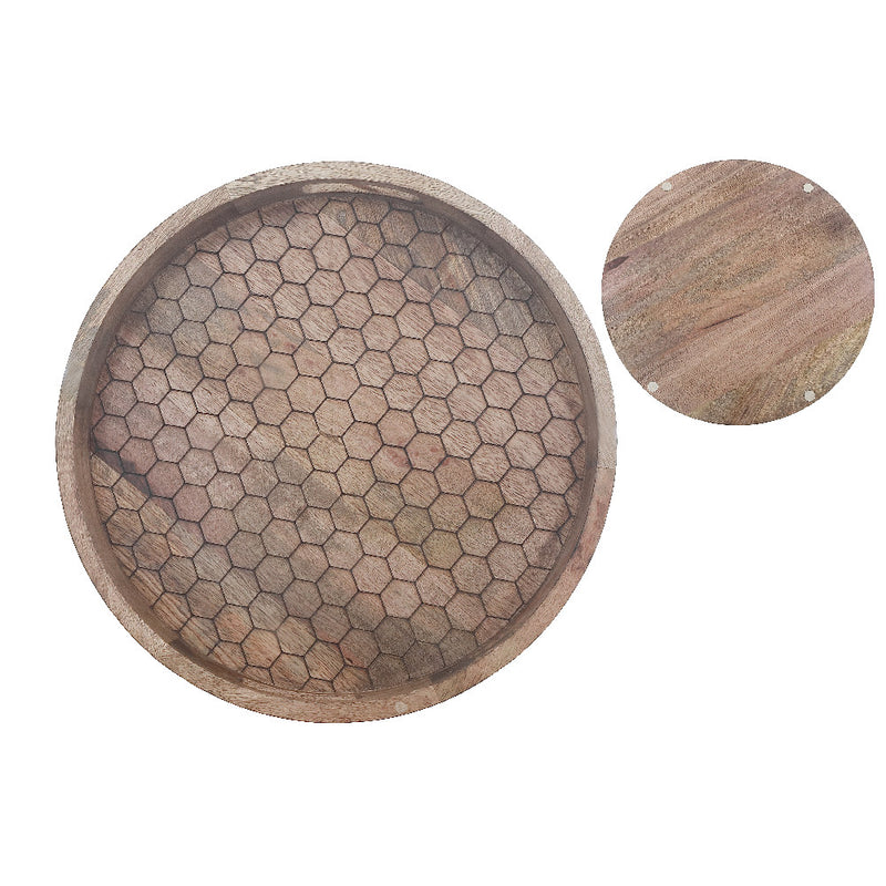 Custom Set Of 3 Mango Wood Honeycomb Round Tray With Handle