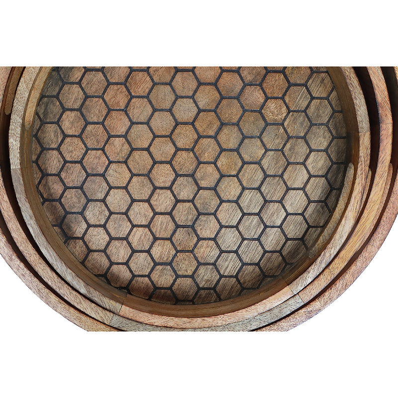 Custom Set Of 3 Mango Wood Honeycomb Round Tray With Handle