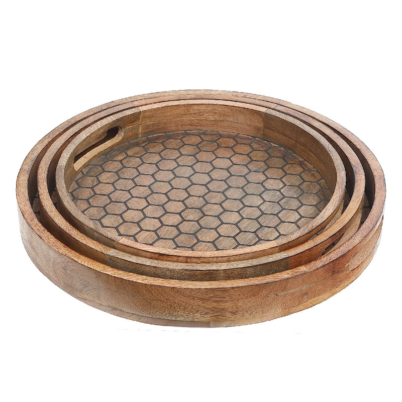 Custom Set Of 3 Mango Wood Honeycomb Round Tray With Handle