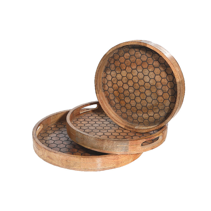 Custom Set Of 3 Mango Wood Honeycomb Round Tray With Handle