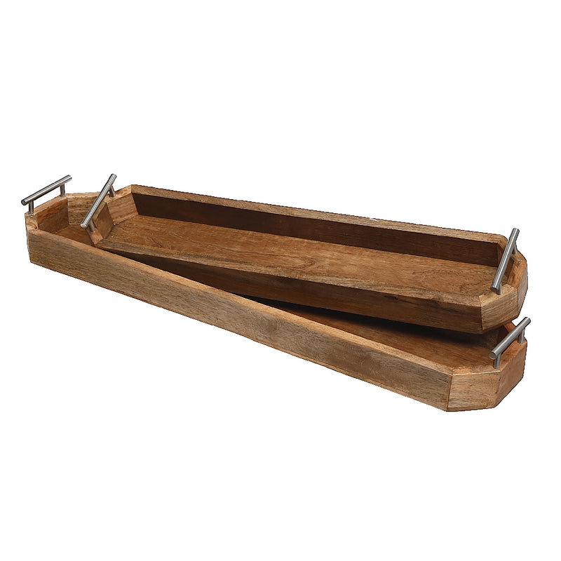 Custom Set Of 2 Mango Wood Long Trays With Handle