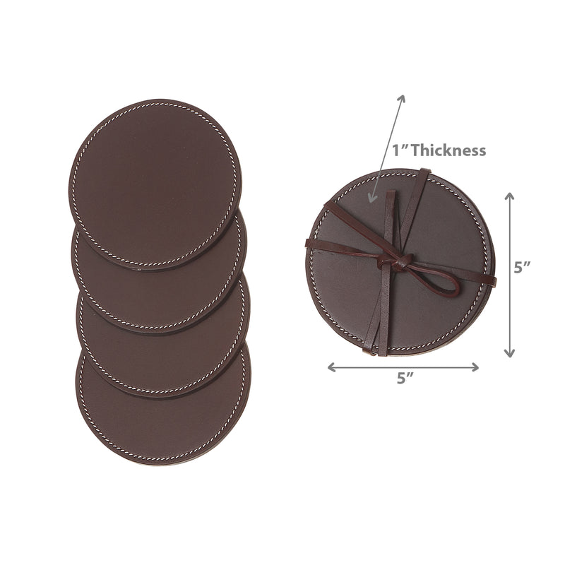 4Pc Round Genuine Leather Coasters