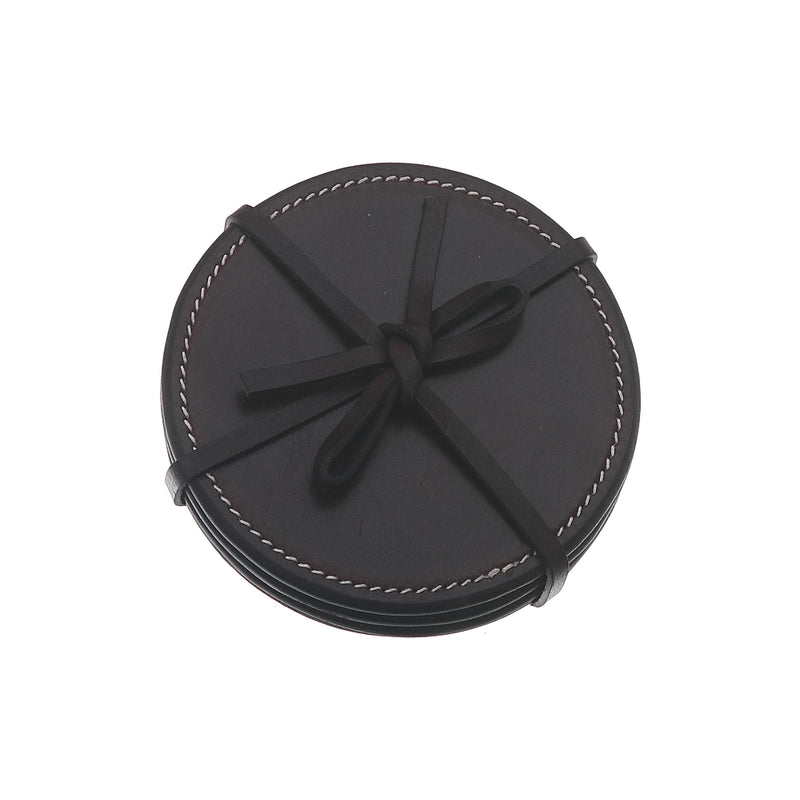 4Pc Round Genuine Leather Coasters