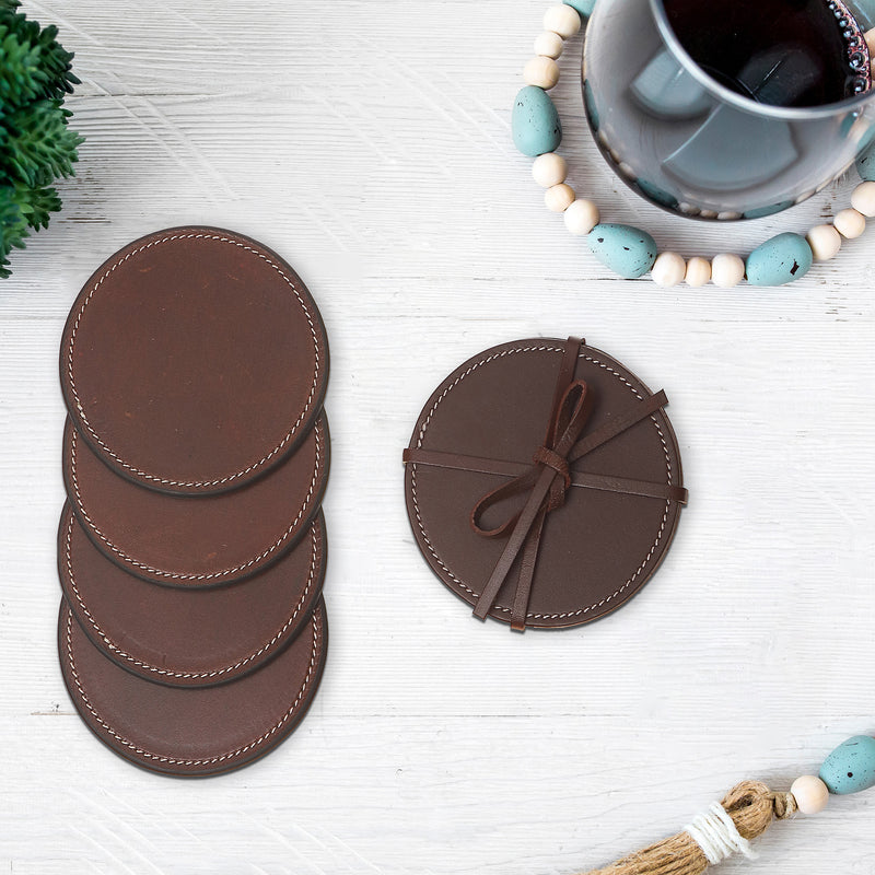 4Pc Round Genuine Leather Coasters