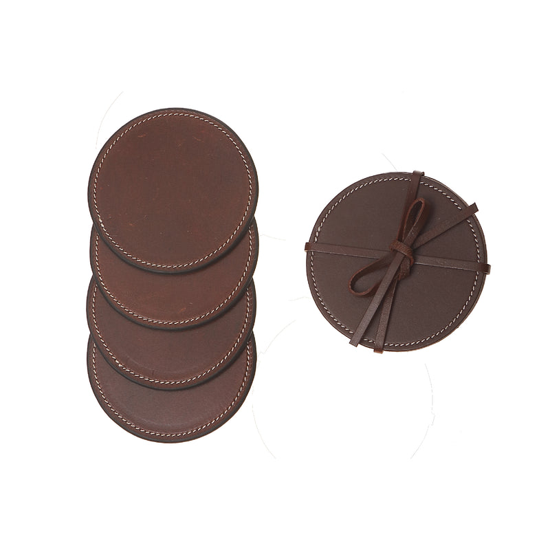 4Pc Round Genuine Leather Coasters