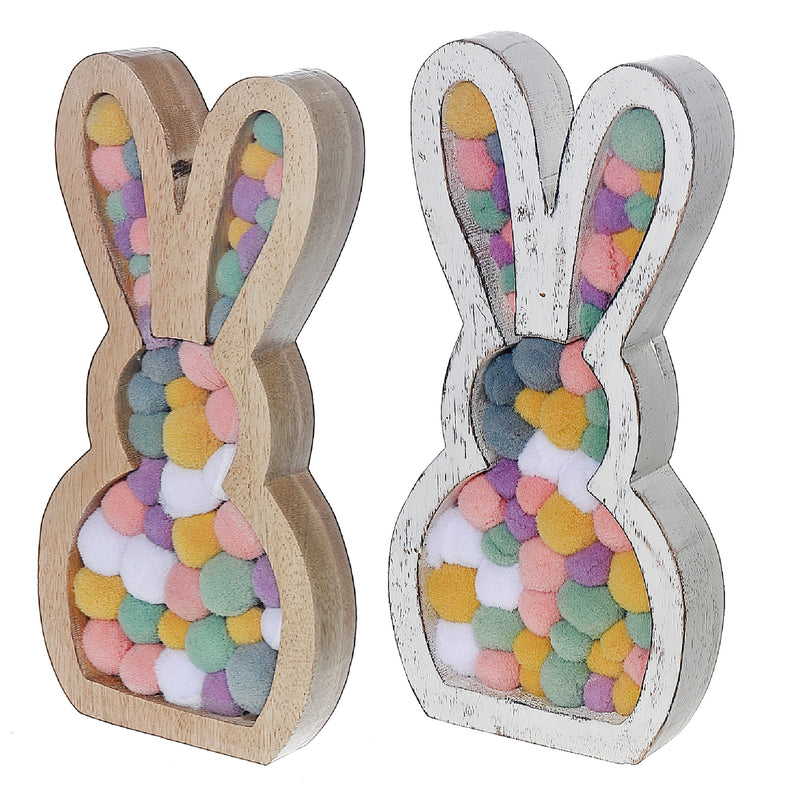 Wooden Sitting Bunny With Pompom - Set of 2