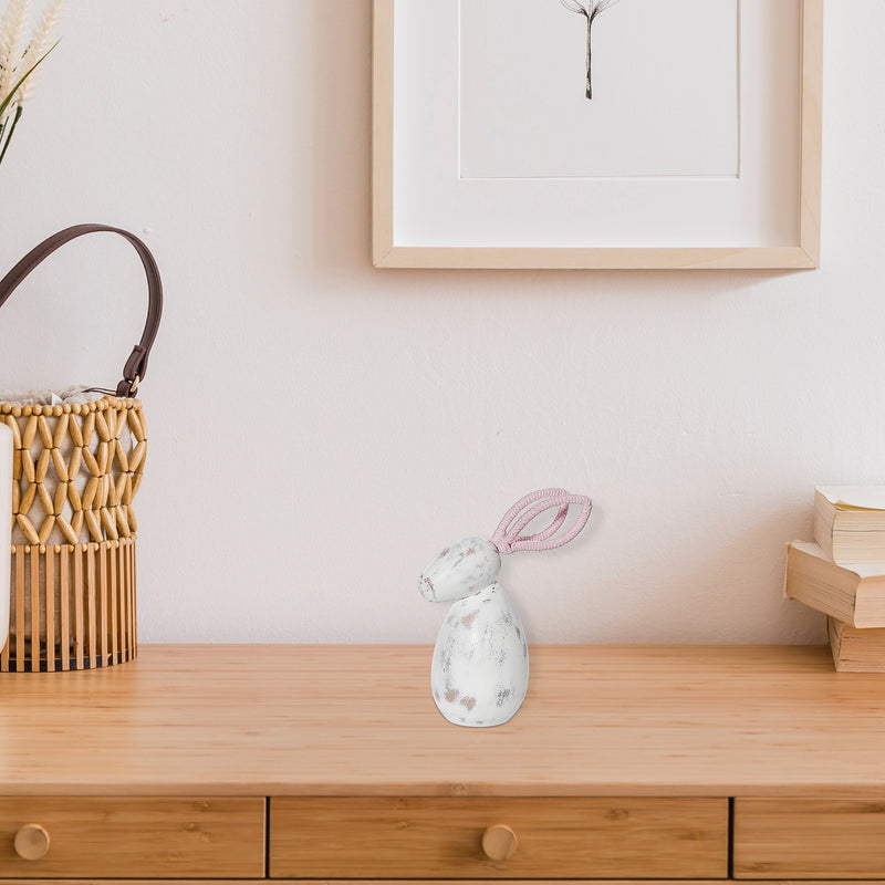 White Wash Wooden Bunny With Pink Ears