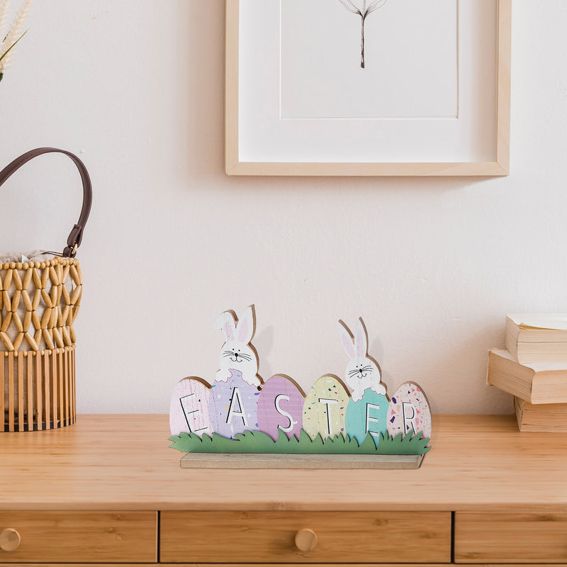 Wooden Double Bunny With Easter Egg Sign