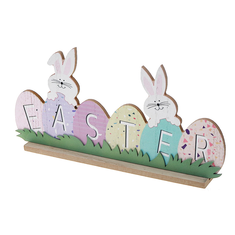 Wooden Double Bunny With Easter Egg Sign