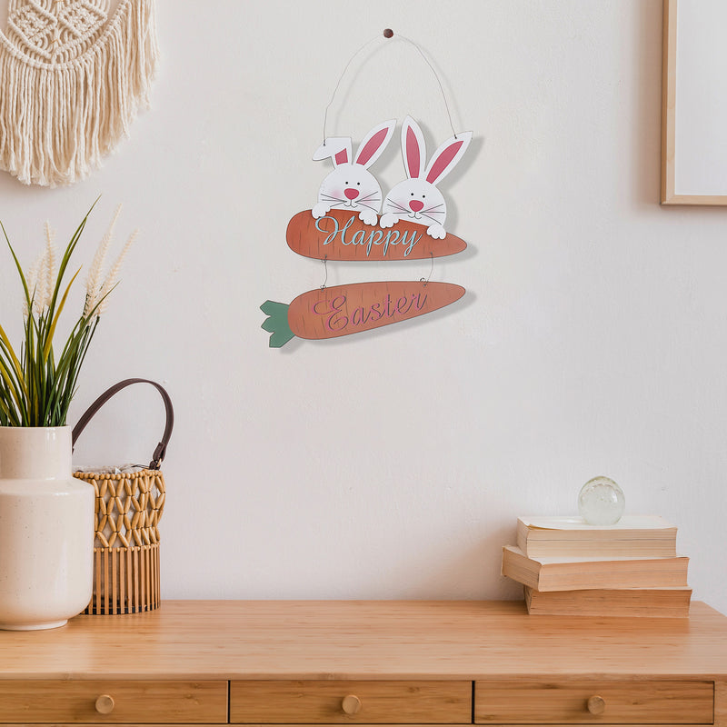 Wooden Double Bunny With Carrots Hanger