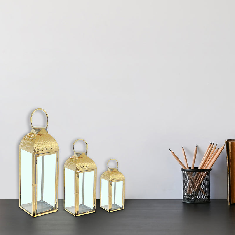 Metal Dimpled Top Nested Lantern Set Of 3  Gold