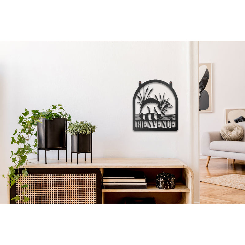 Metal Black Wall Decor Bienvenue Racoon