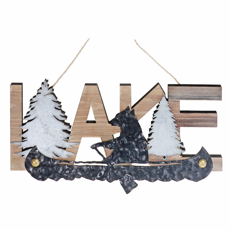 Wooden Lake & Metal Bear On Canoe Wall Decor