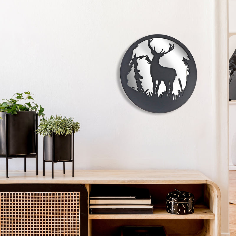 Round Black Galvanized Deer With Mirror Wall Decor