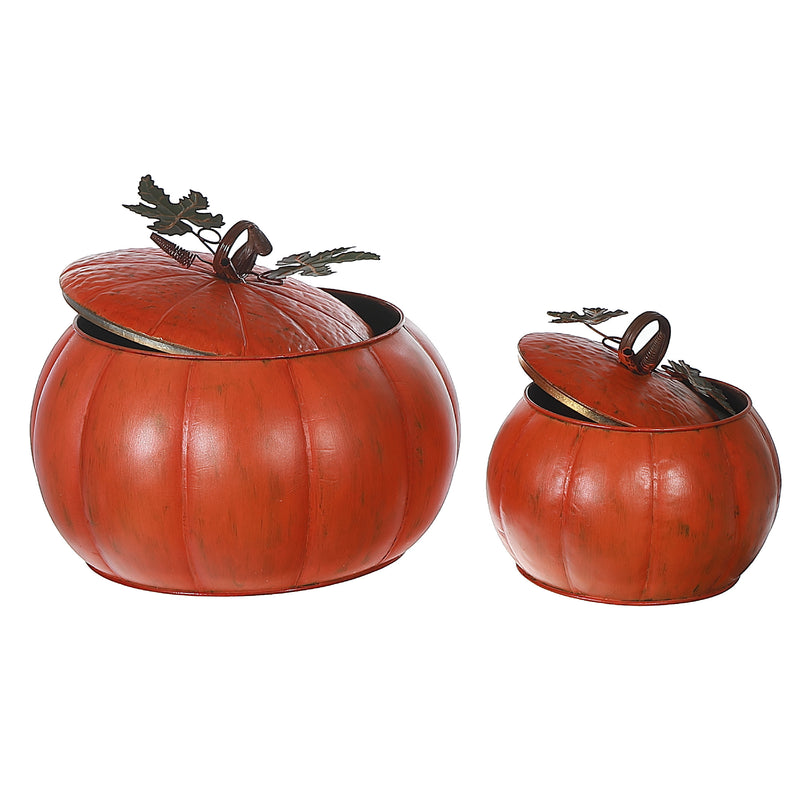 Metal Orange Pumpkin Jar With Lid Set Of 2