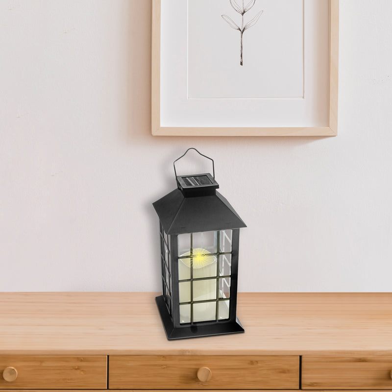 Led Solar Clear Glass Pane Lantern with Faux Candle