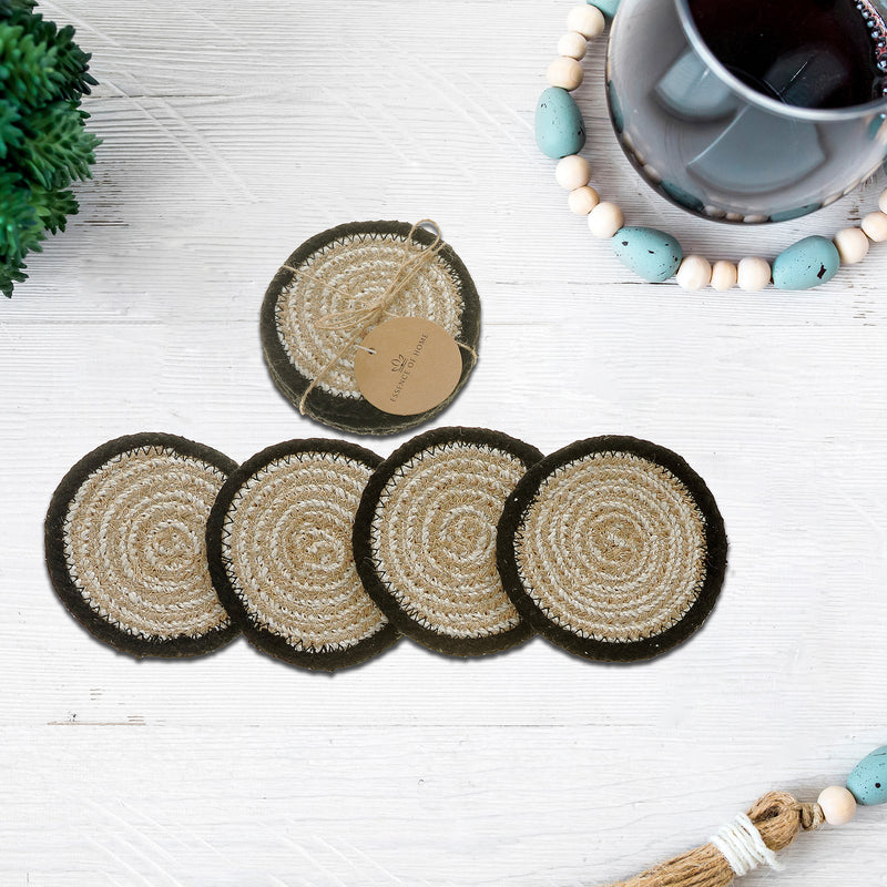 4 PC Round Black Line Braided Coaster