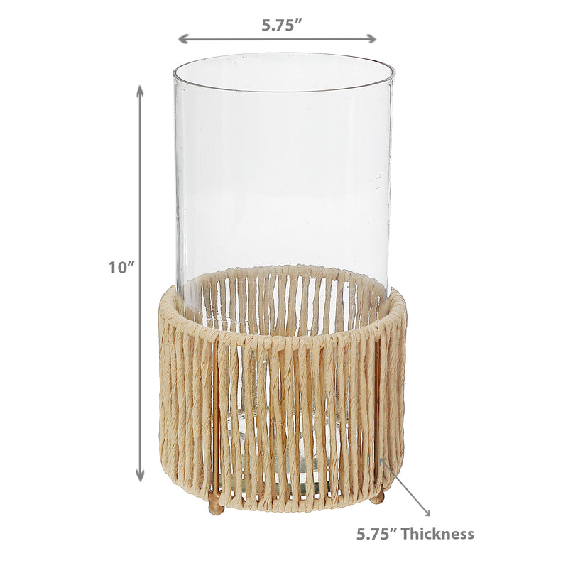 Glass Candle Holder Hurrican With Metal & Raffia Base