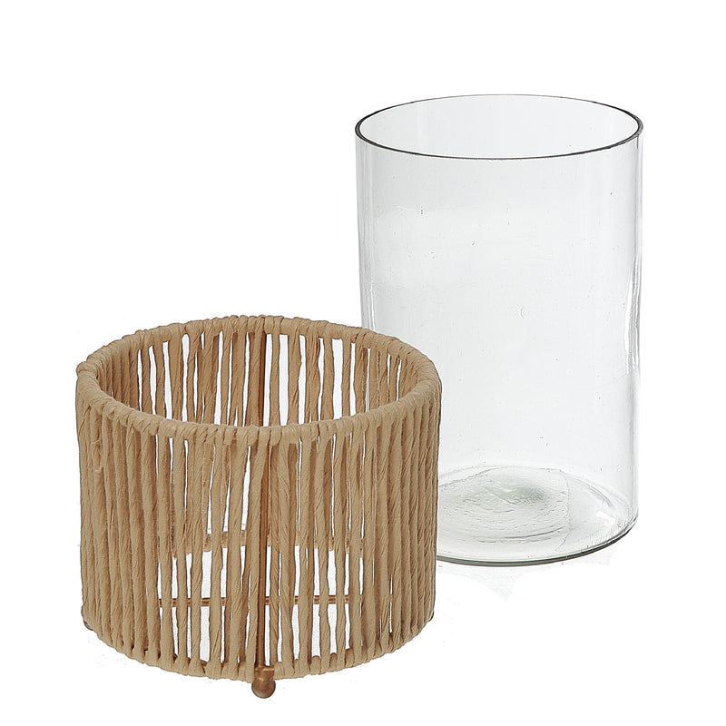 Glass Candle Holder Hurrican With Metal & Raffia Base