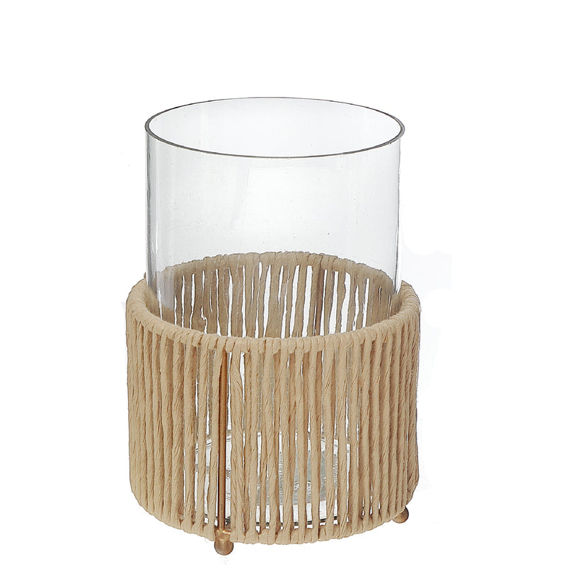 Glass Candle Holder Hurrican With Metal & Raffia Base