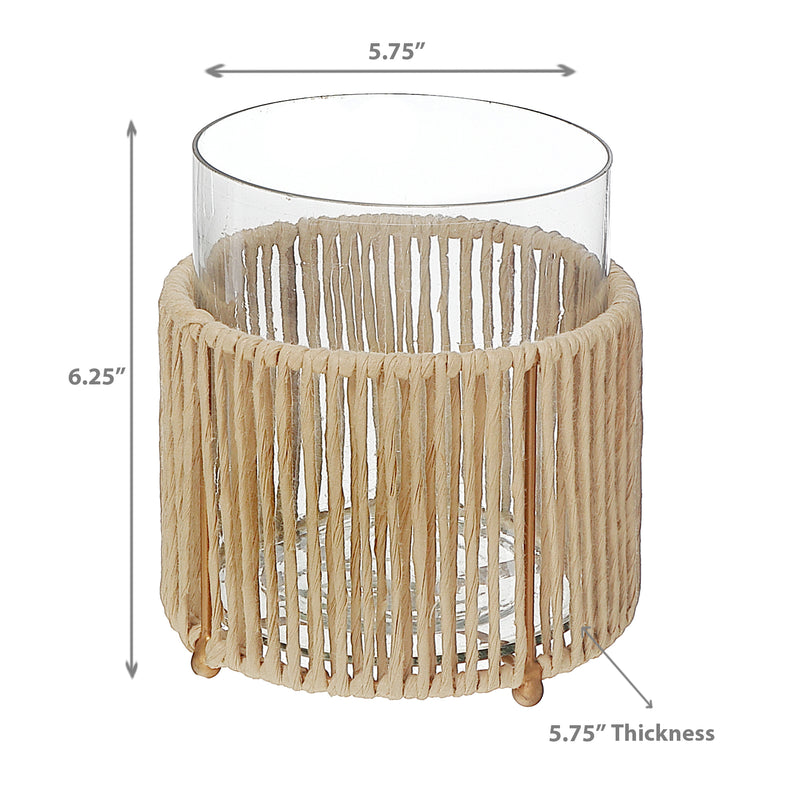 Glass Candle Holder Hurrican With Metal & Raffia Base