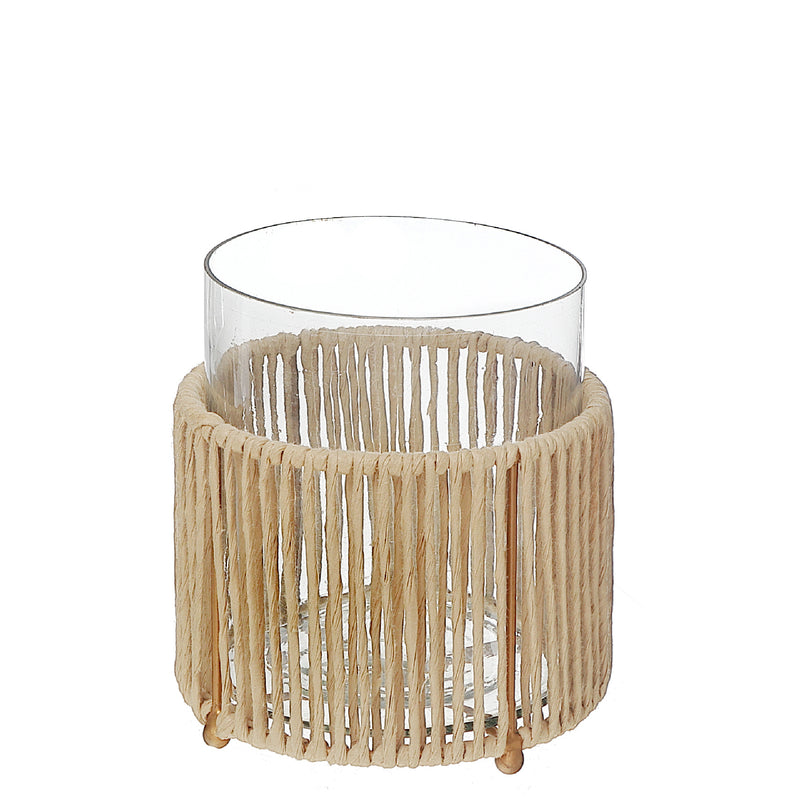 Glass Candle Holder Hurrican With Metal & Raffia Base